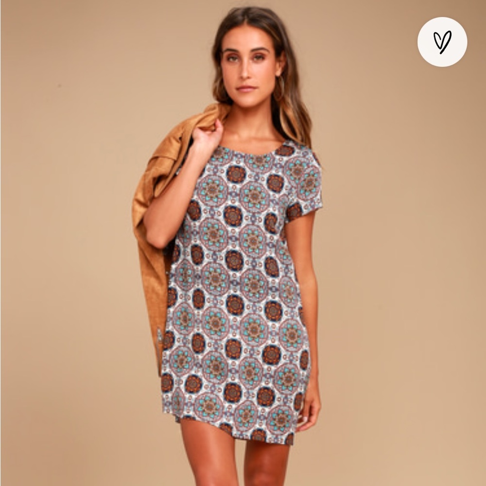 Lulus Perfect Getaway Blue and Orange Print Shift Dress H3